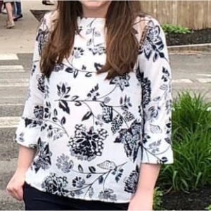 White and Navy Paisley Button Back Blouse - XS